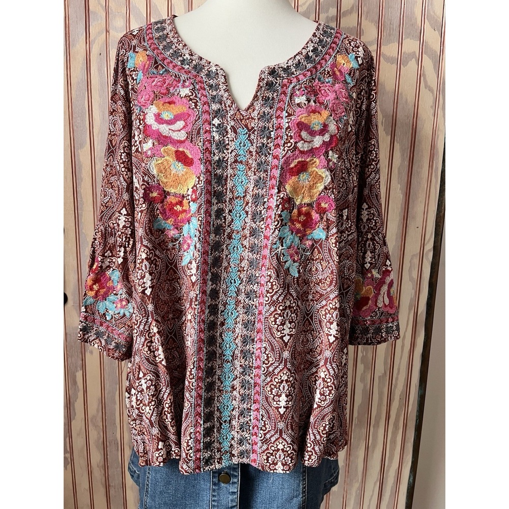 Savanna Jane Boho Embroidered Floral Peasant Festival Blouse Rayon Size 1X